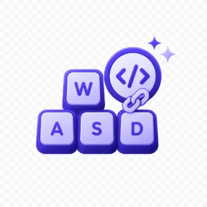 CS2 Binds Generator Blue 3D WASD keyboard keys with a circular code brackets icon and a chain link suggesting coding and gaming input