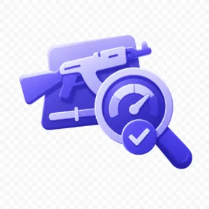 CS2 Float Checker 3D purple firearm with a gauge and a checkmark badge, symbolizing gun safety verification or testing.