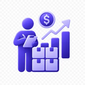 CS2 Inventory Value Checker 3D purple figure with a clipboard beside stacked boxes and a rising bar chart with an upward arrow, symbolizing business growth and logistics.