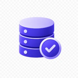 CS2 Status Three stacked blue database cylinders with a white checkmark badge, indicating approved data integrity