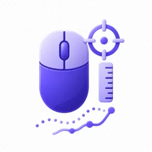 Mouse DPI Analyzer Purple computer mouse with a target sight, ruler, and curved dotted line, signaling precision and measurement.
