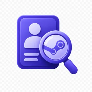 SteamID Finder Purple 3D user profile card with a magnifying glass, indicating a search for a profile or user lookup